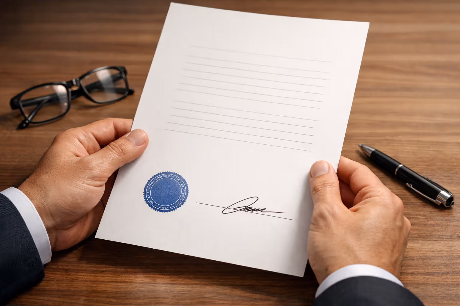 Close-up of hands holding an official insurance document with a seal on a desk with glasses and a pen