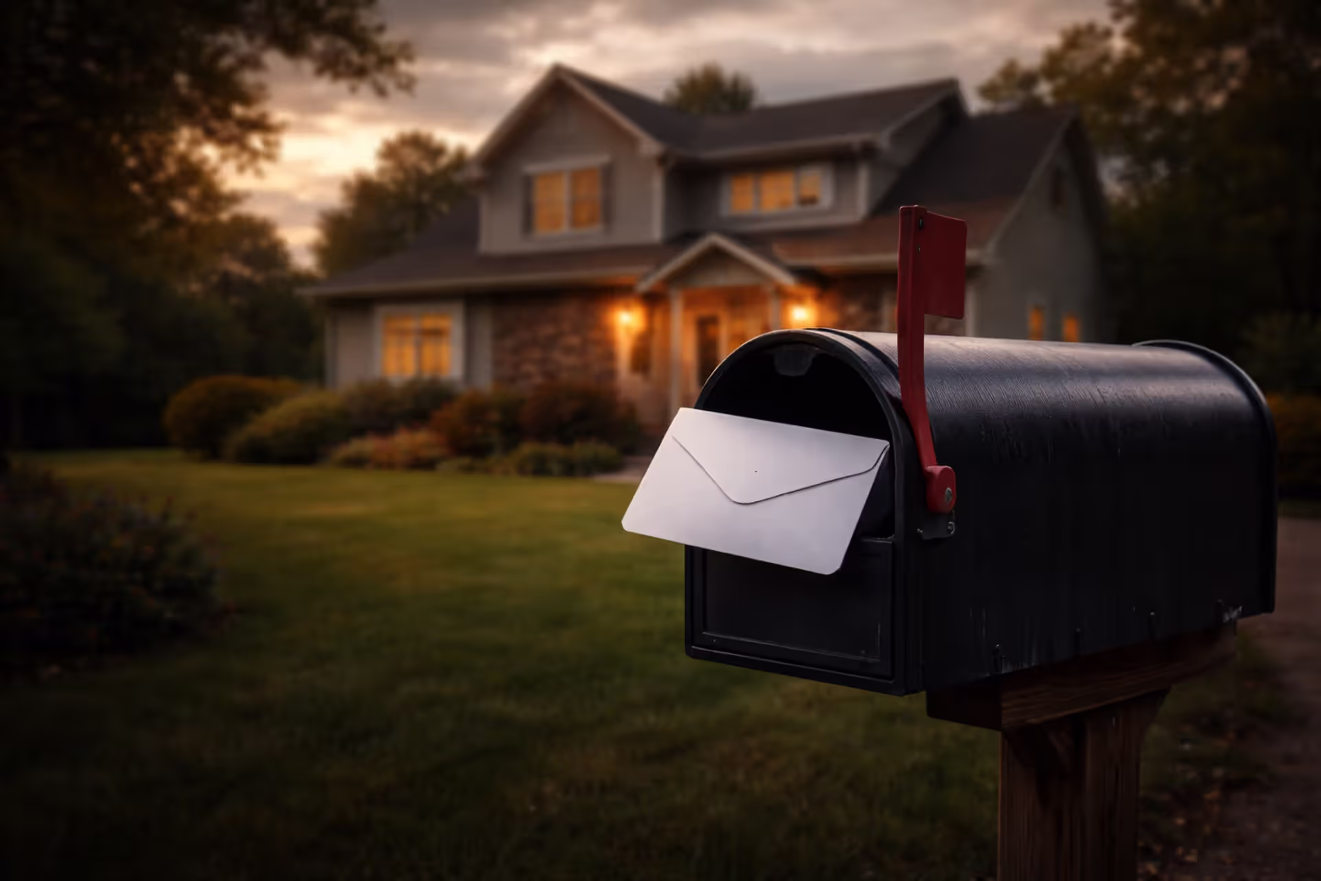 A suburban house with a mailbox containing an envelope, representing a homeowners insurance cancellation notice