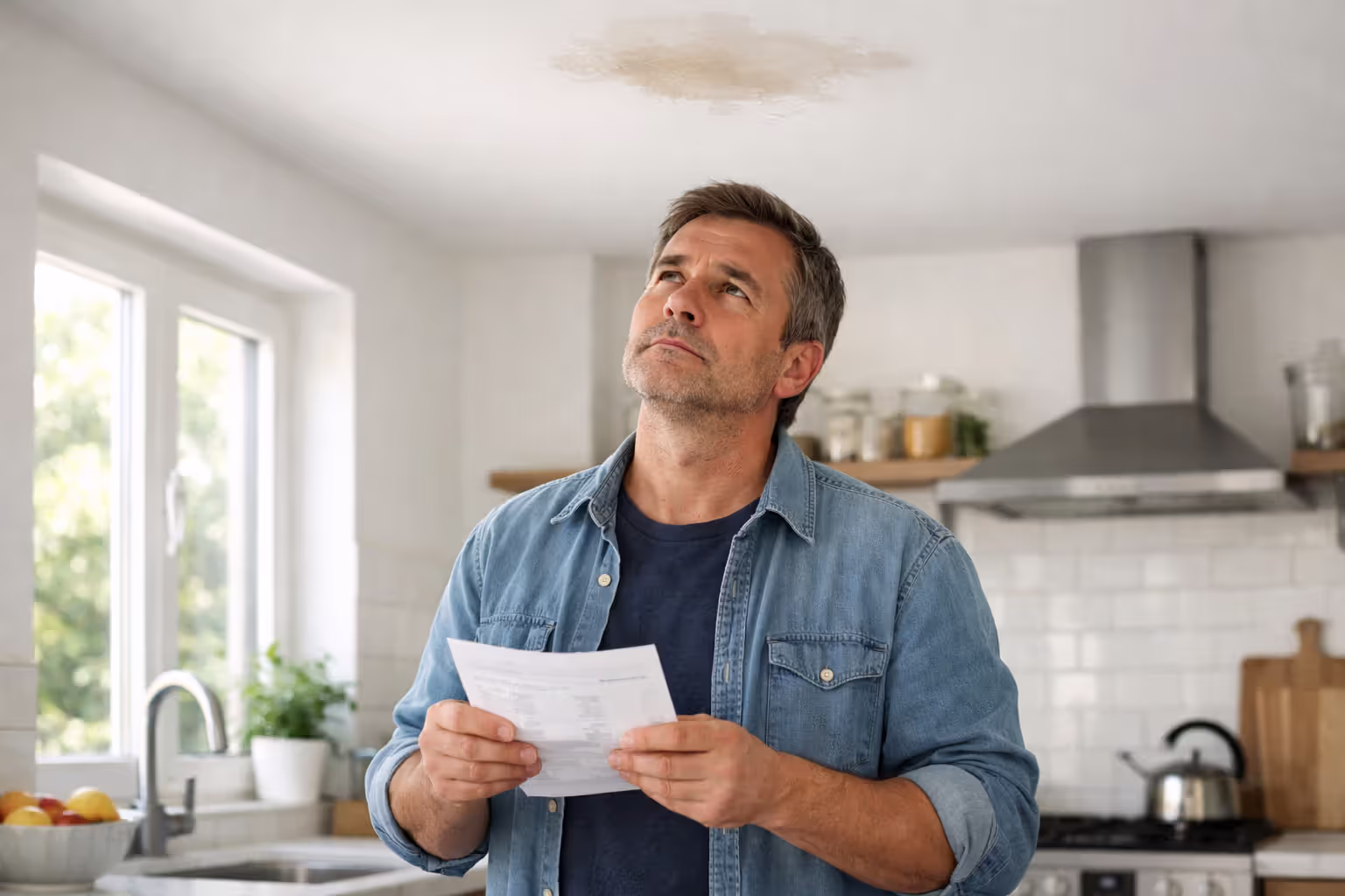 Homeowner standing in kitchen holding calculator and receipt while looking at water stain on ceiling deciding whether to file insurance claim