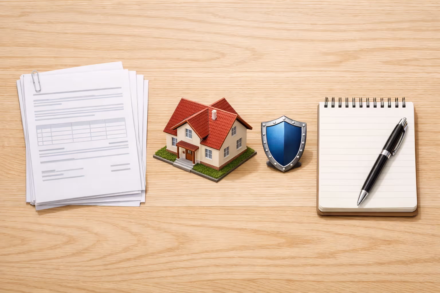 Flat lay of insurance documents miniature house model protective shield figurine and notepad on wooden desk representing home insurance planning strategy