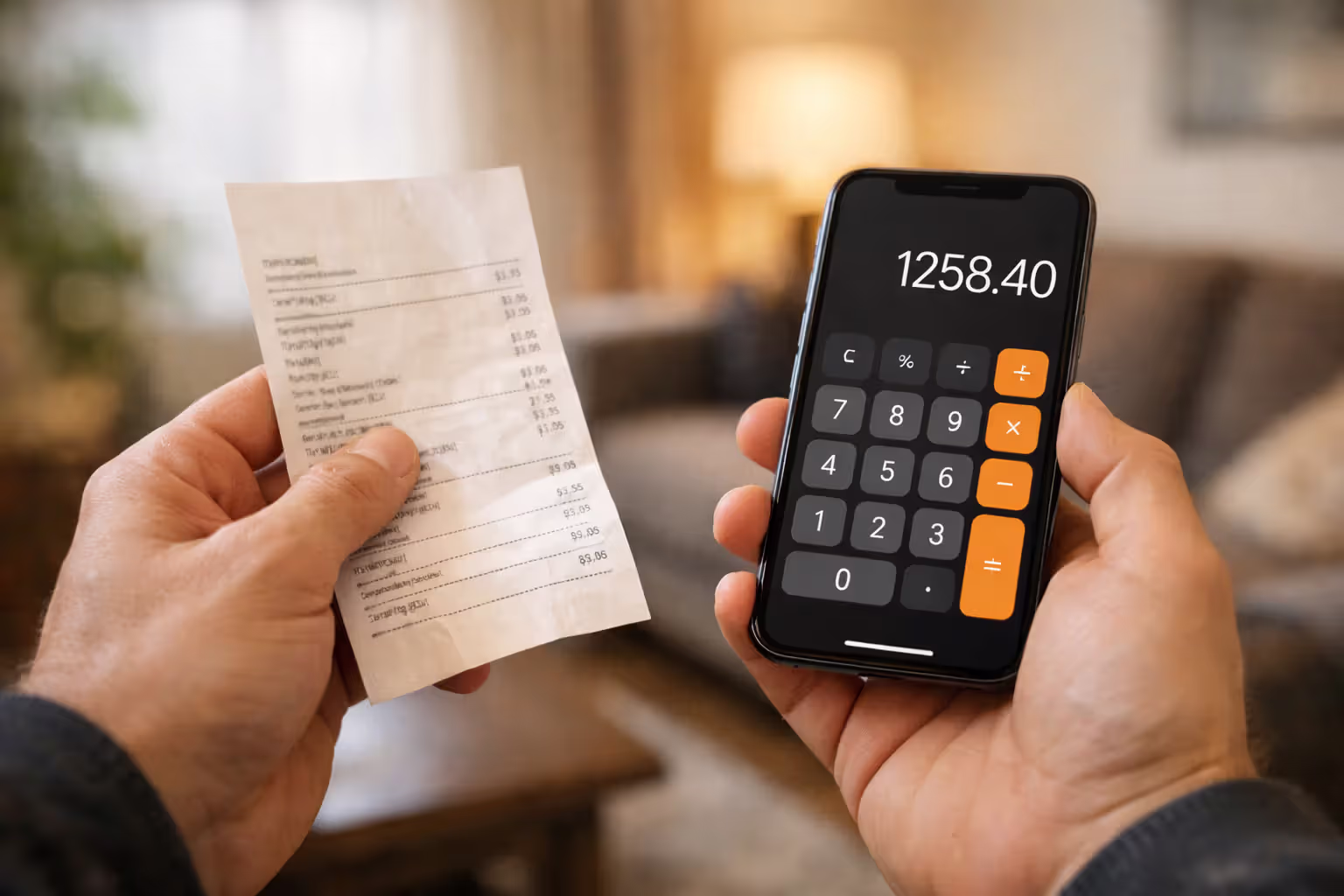 Hands holding repair bill and smartphone calculator deciding whether to file insurance claim