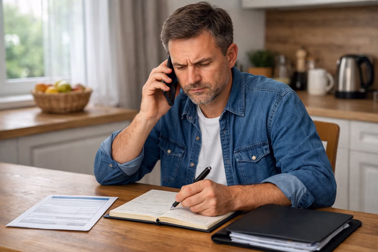 Homeowner sitting at kitchen table talking on phone while taking notes with insurance documents on the table