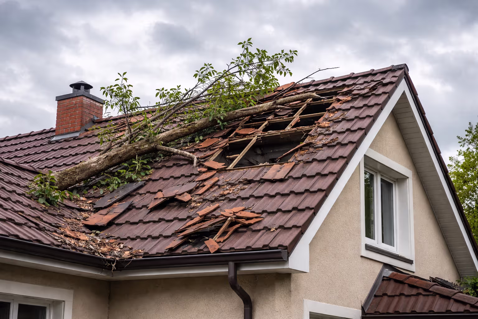 Storm damaged residential roof with missing shingles and fallen tree branch on top of the house