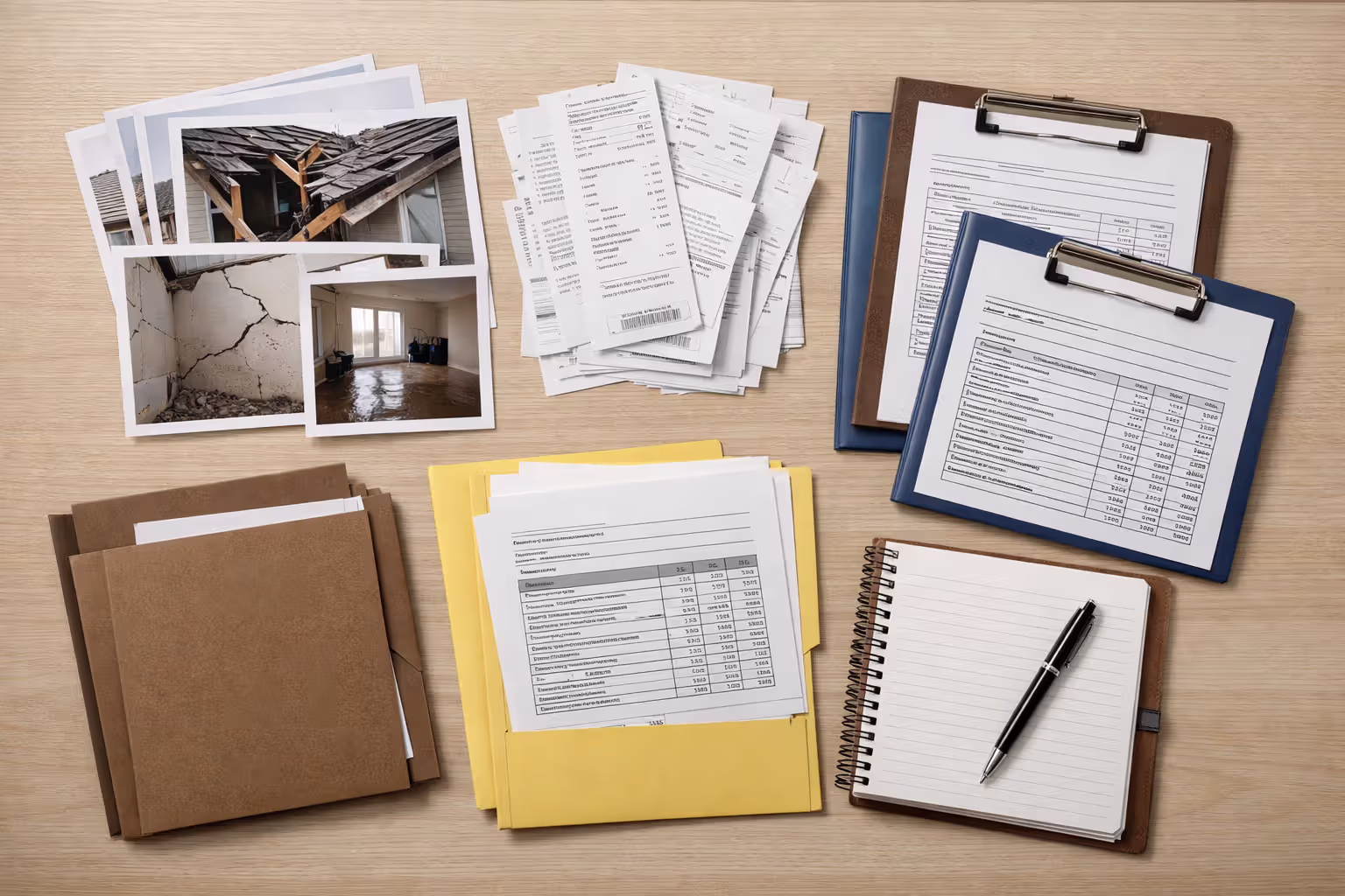 Organized insurance claim documents including printed damage photos receipts contractor estimates and notes on a table top view