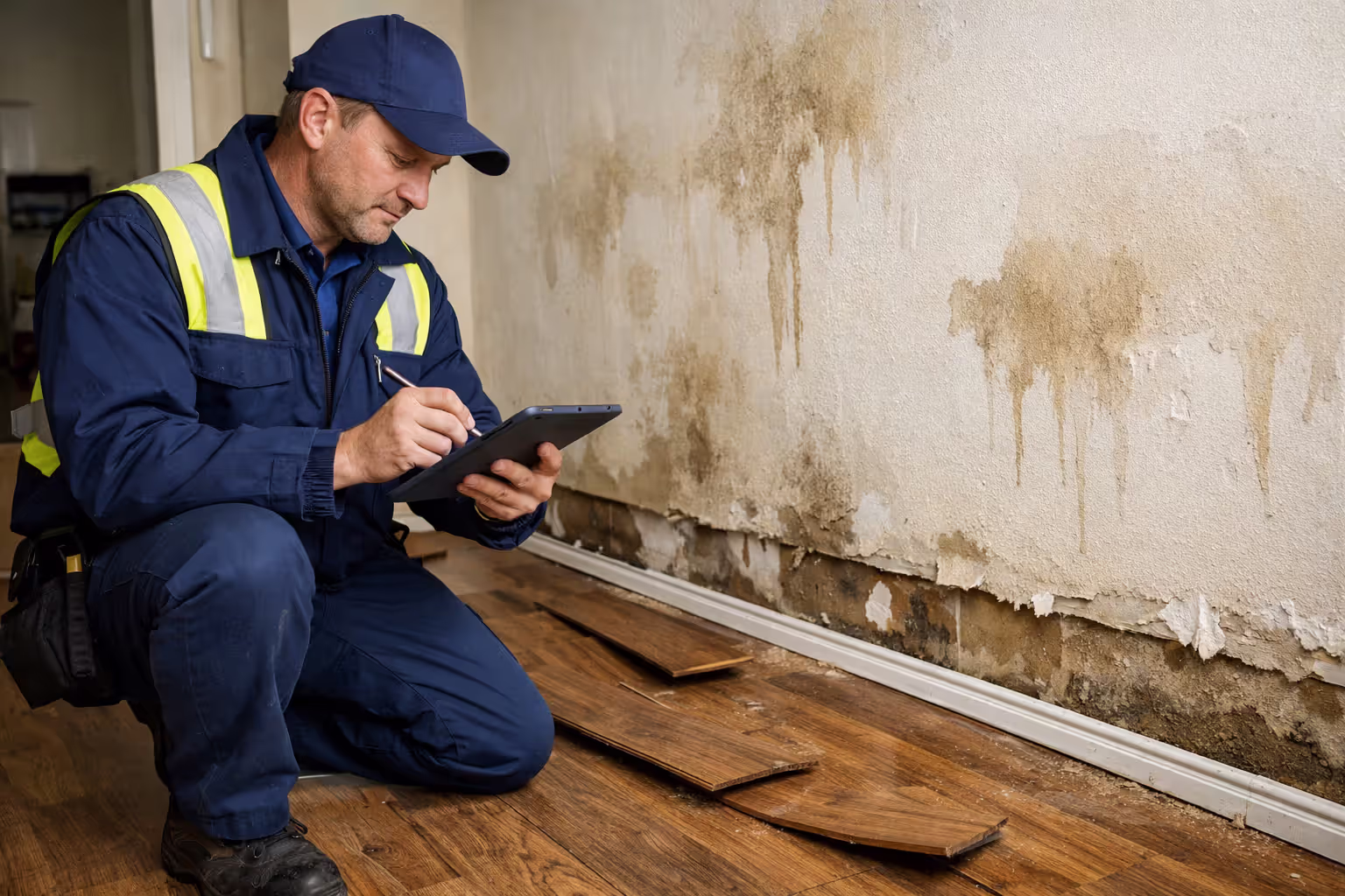 Insurance adjuster inspecting water damaged room with warped flooring and moisture stains while taking notes on tablet