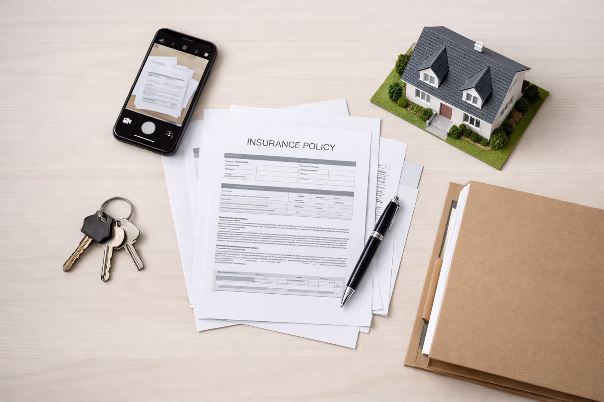 Overhead view of home insurance policy documents smartphone with camera app house keys and small house model on a desk