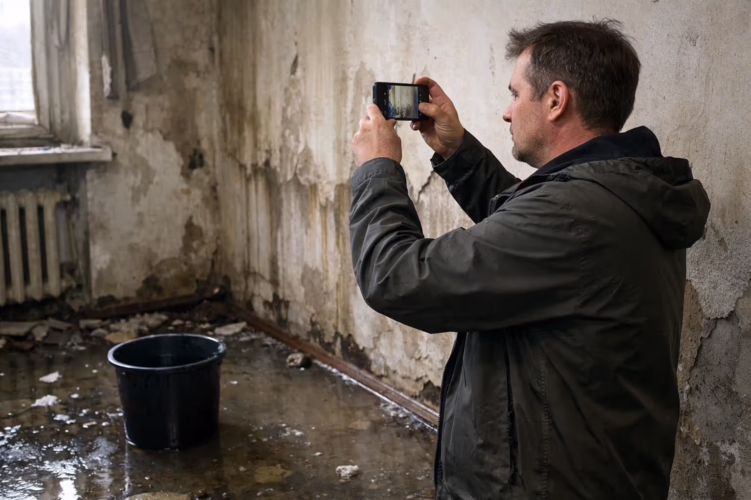 Homeowner photographing water damage in a flooded room using a smartphone