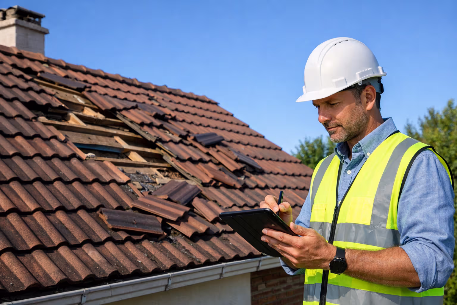Insurance adjuster inspecting storm-damaged roof and taking notes on a clipboard
