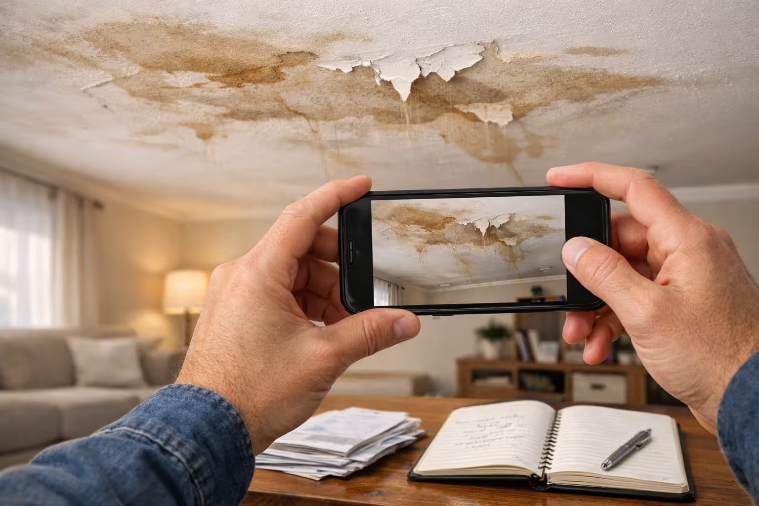 Homeowner using smartphone to photograph water-damaged ceiling with stains and peeling paint while receipts and notebook sit on nearby table