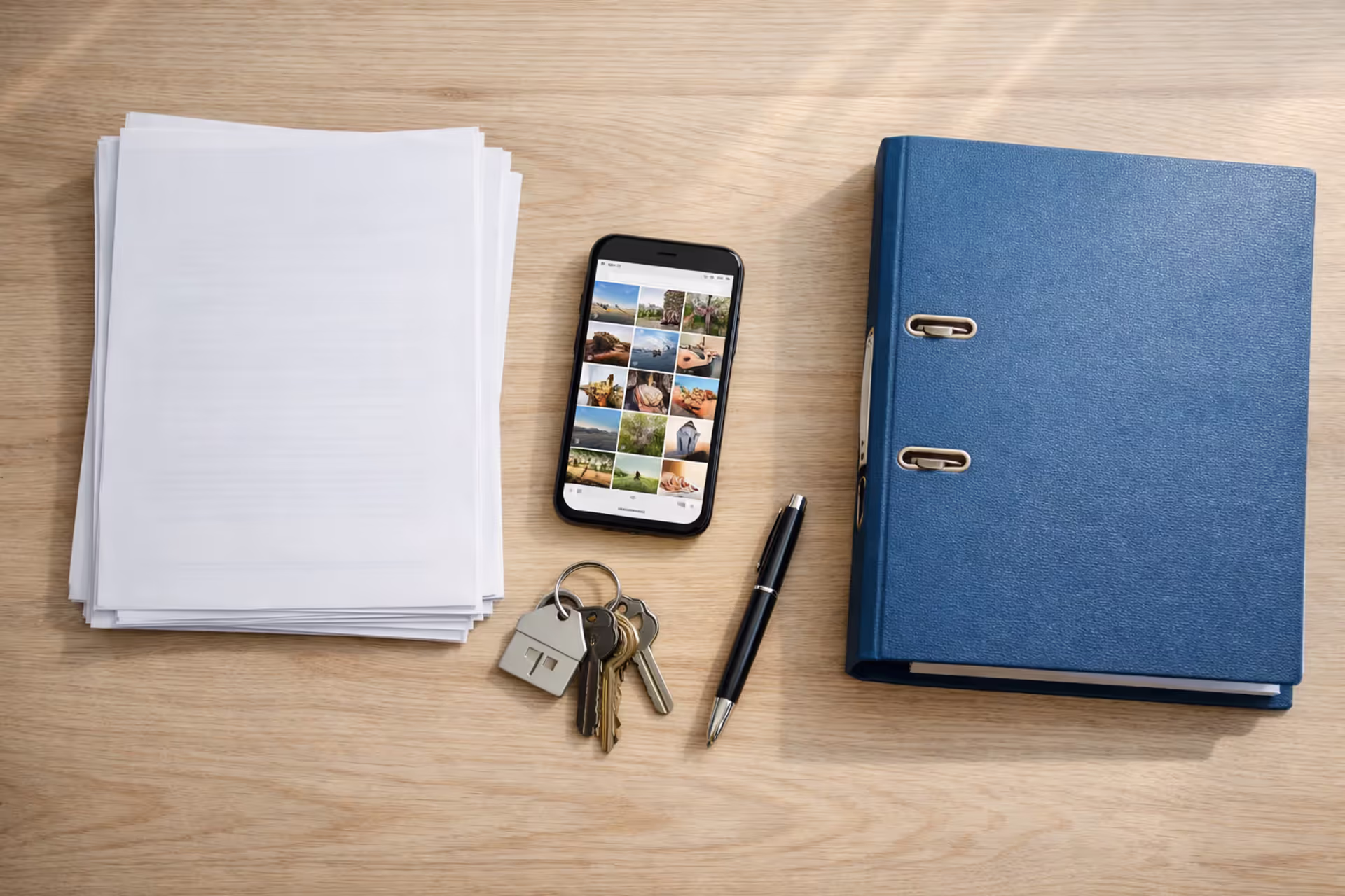 Homeowner’s insurance claim documents, smartphone with photos, house keys, and folder on a kitchen table