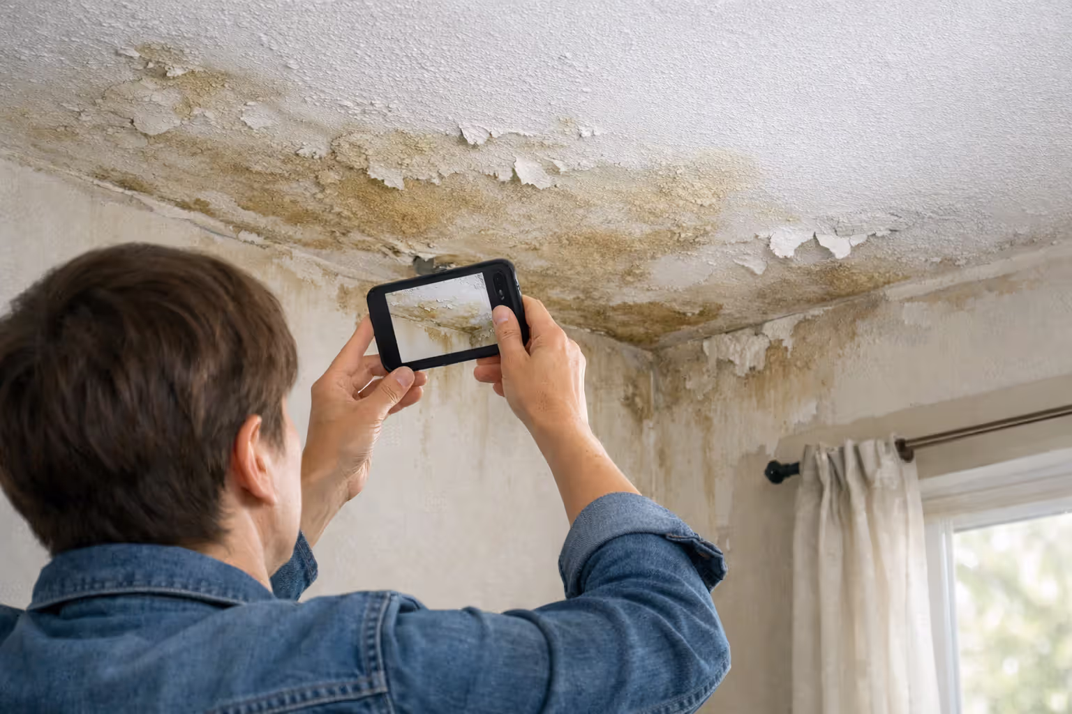 Homeowner photographing water damage on ceiling with a smartphone for insurance documentation