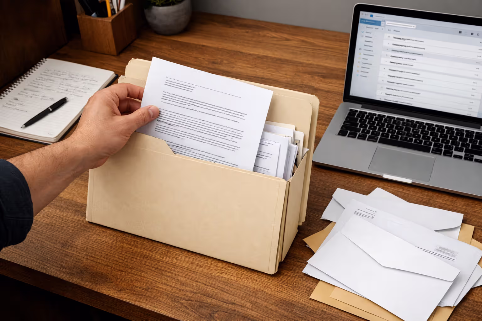 Organized insurance claim documentation folder with letters, notes, and laptop on a desk