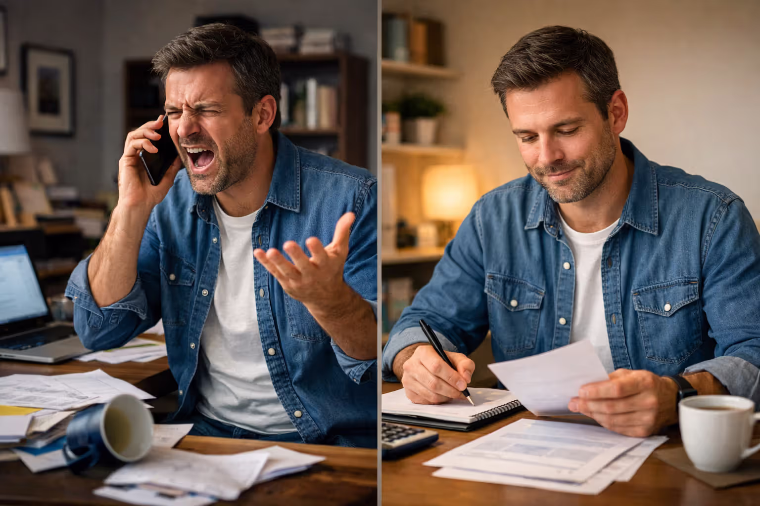 Split scene comparing emotional phone call versus calm factual document review during insurance negotiation
