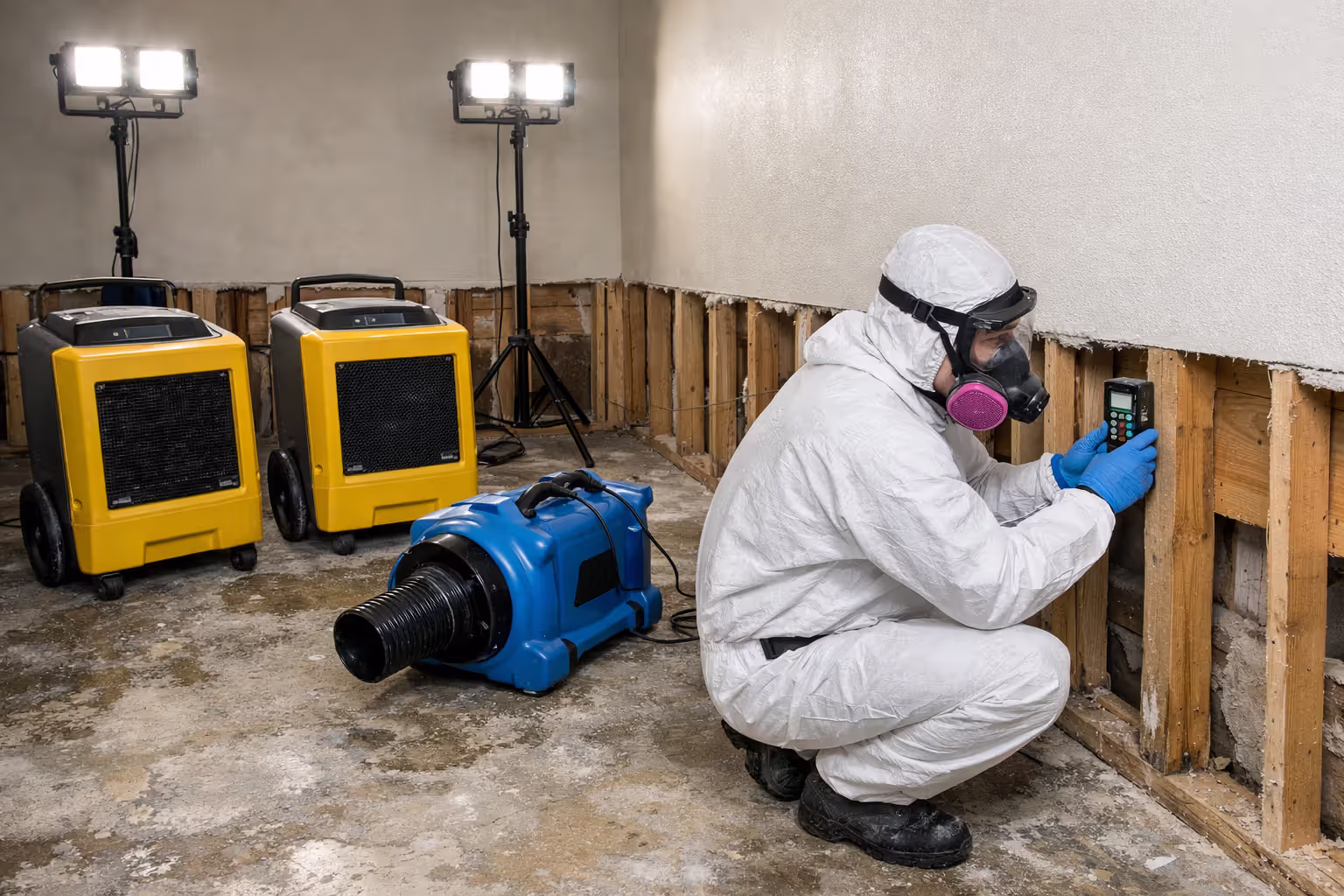 Professional water damage restoration with industrial dehumidifiers and technician using moisture meter