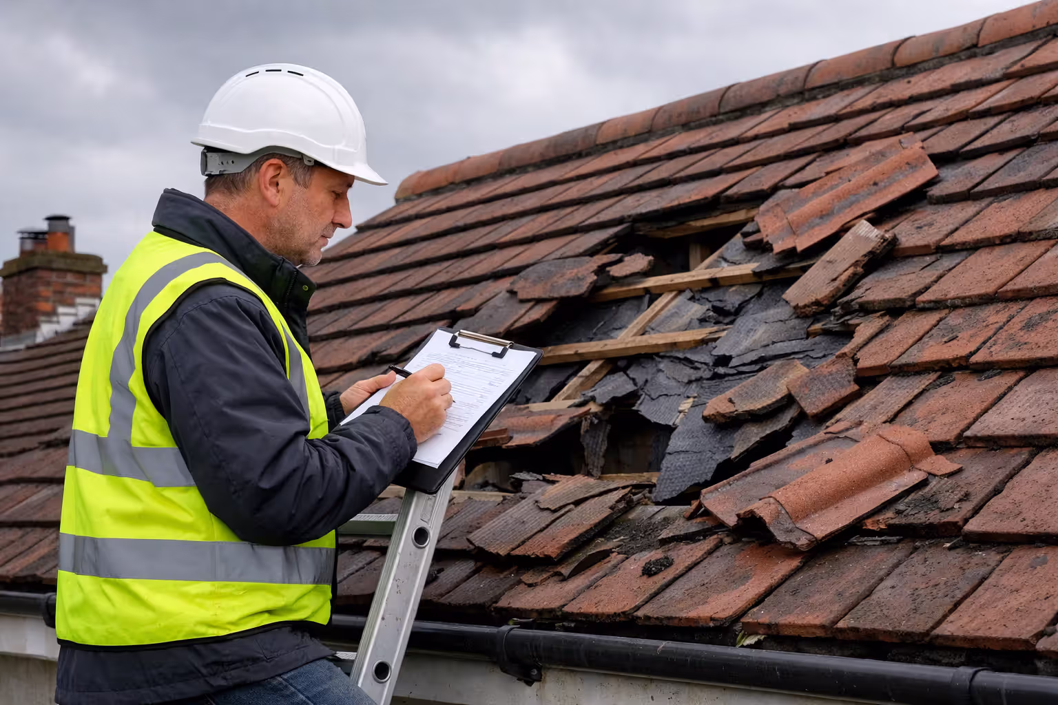 Roof inspector examining storm damage on a residential house while taking notes on a clipboard