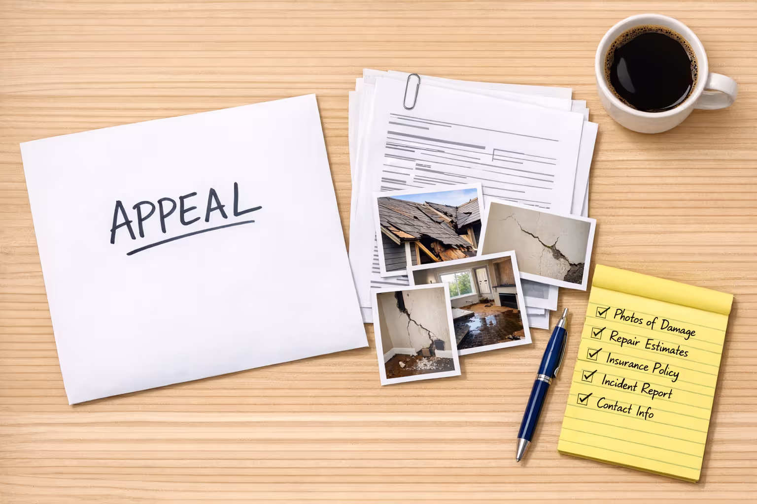 Top view of a desk with insurance appeal documents, damage photos, a notepad with a checklist, and a coffee cup