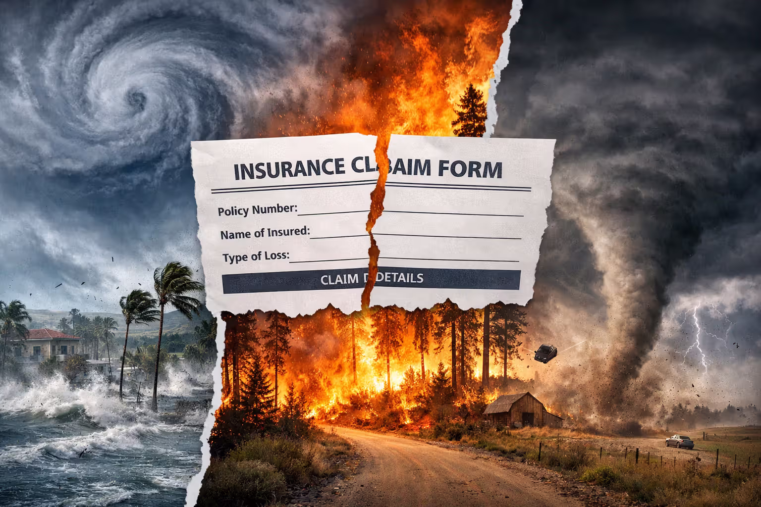 Collage of hurricane, tornado, and wildfire representing high-risk states driving up home insurance costs