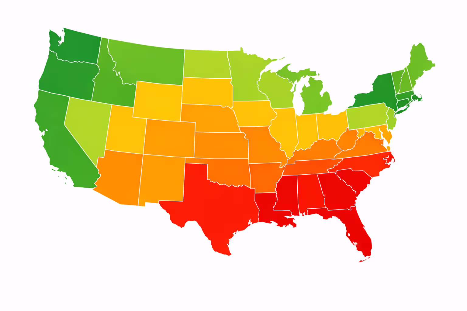 Color-coded map of the United States showing home insurance cost variations by state from low green to high red