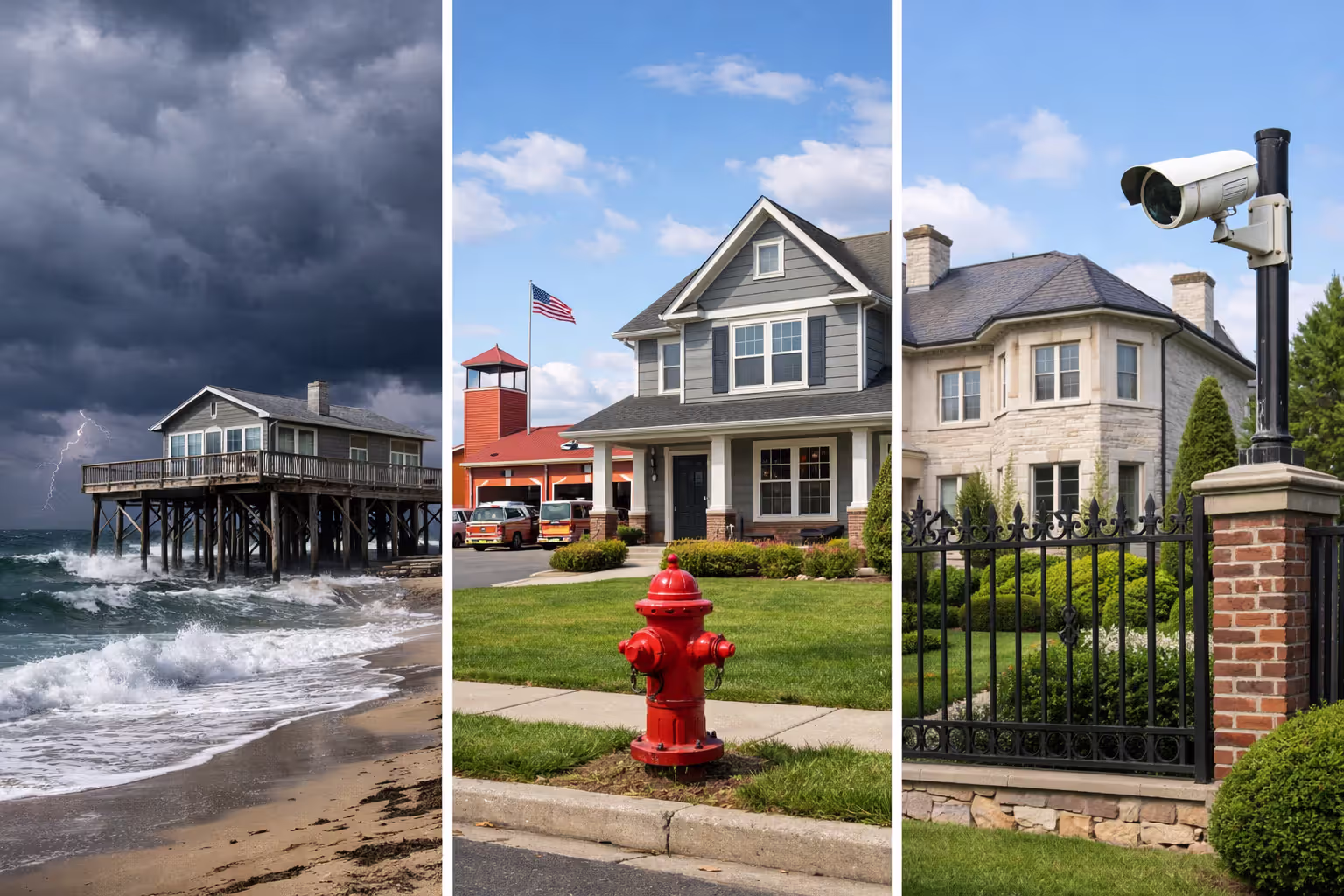 Three-panel comparison showing coastal home in storm, suburban home near fire station, and house with security camera illustrating insurance risk factors