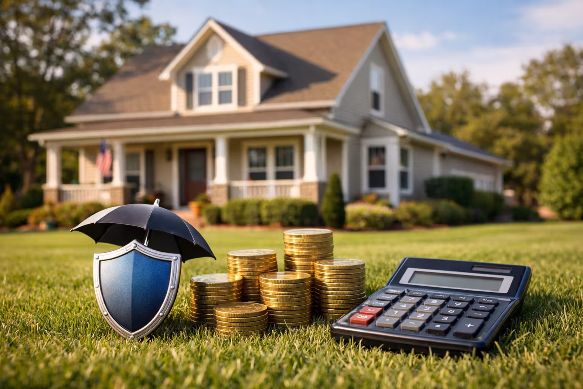 Suburban American house with insurance shield symbol, calculator, and coin stack representing homeowners insurance cost