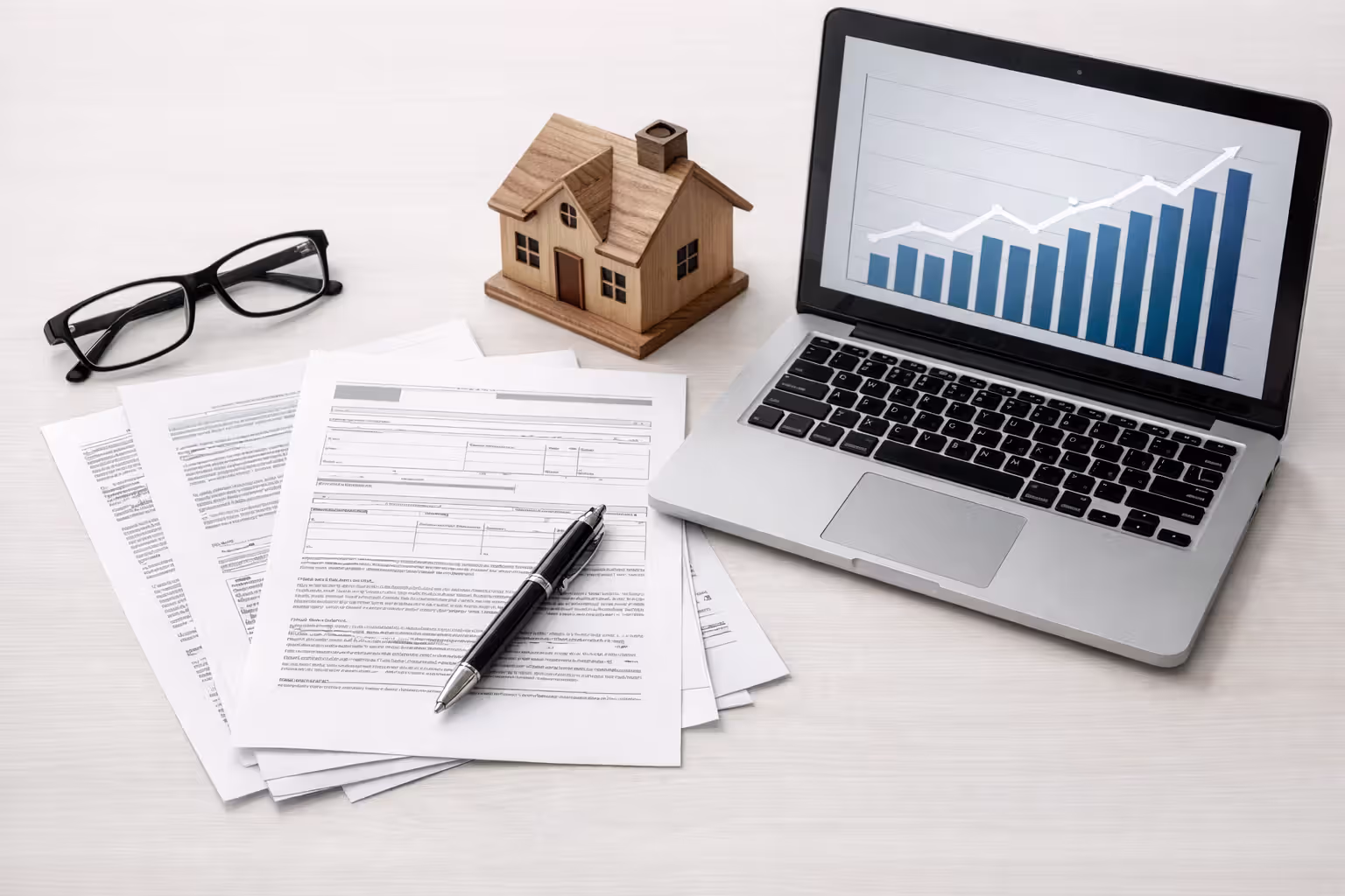 Desk with homeowners insurance policy documents, small house model, and laptop showing premium rate chart