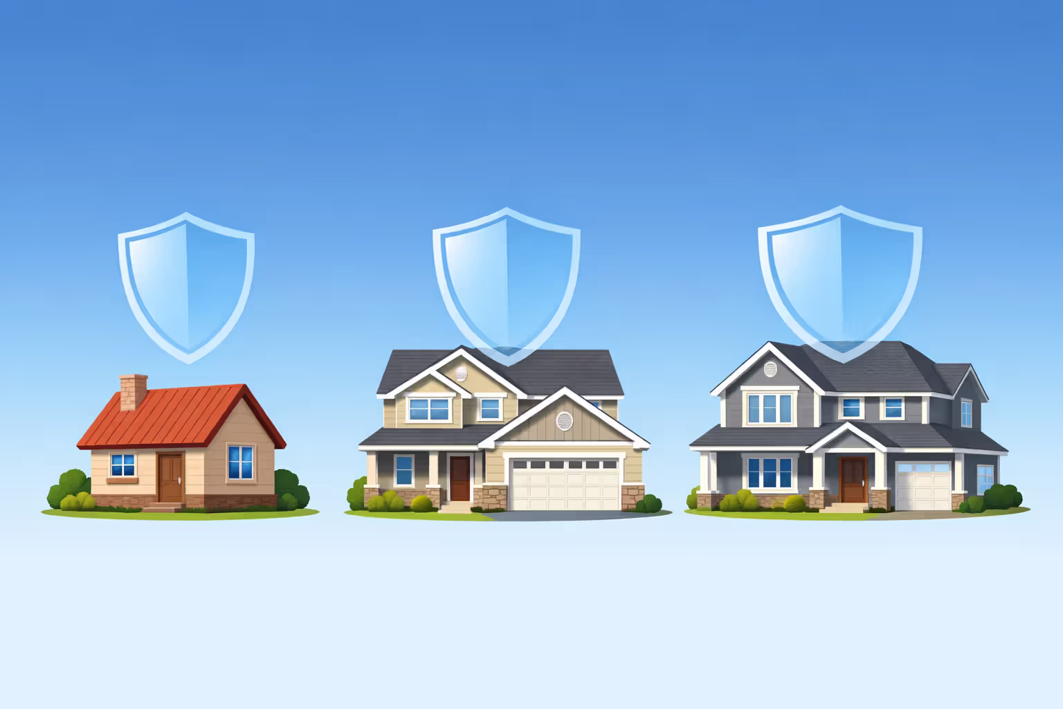 Three residential homes with shield icons representing FHA VA and USDA loan escrow requirements