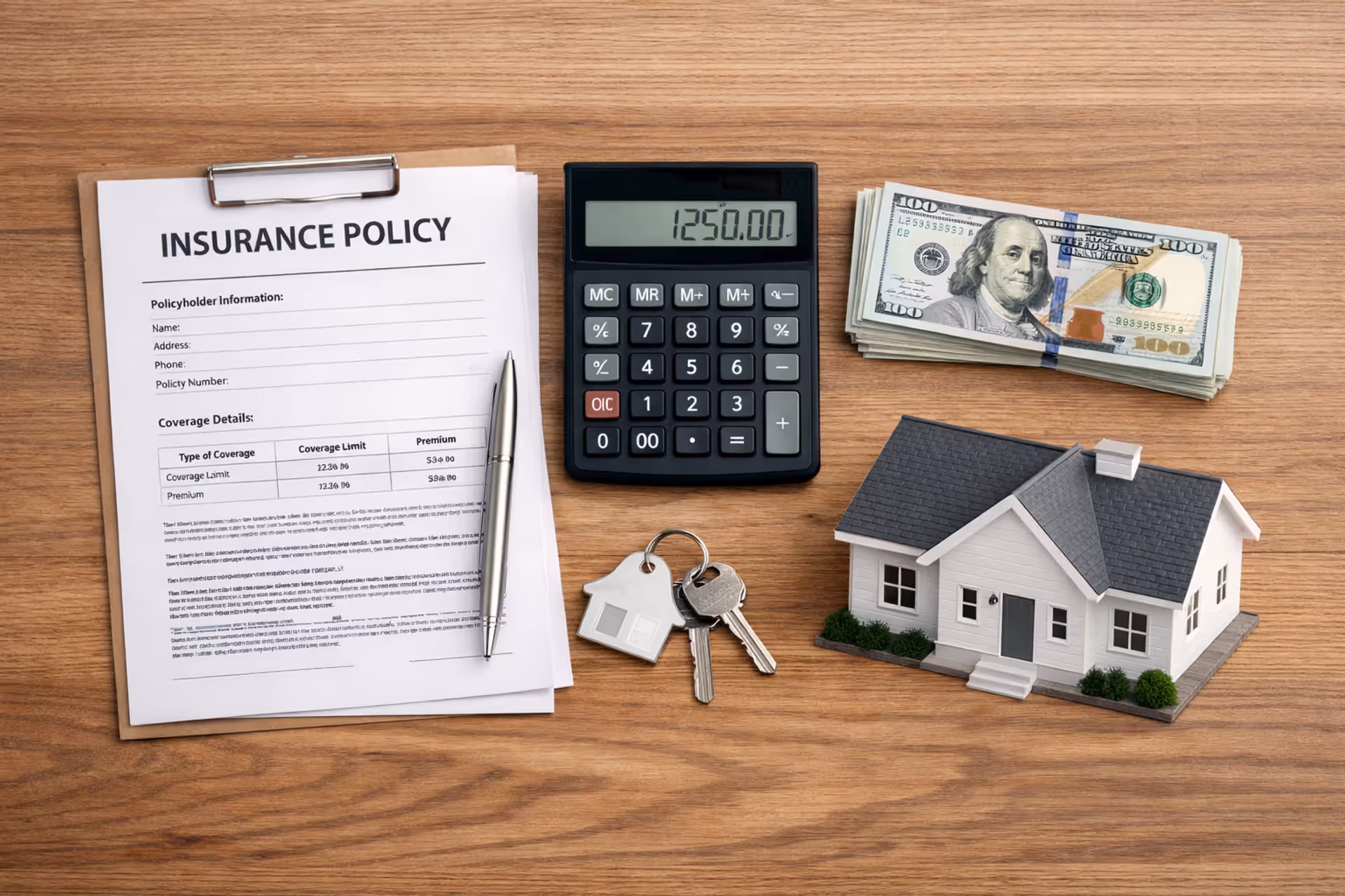Homeowners insurance policy documents with calculator, dollar bills, house keys, and small house model on wooden desk — flat lay view