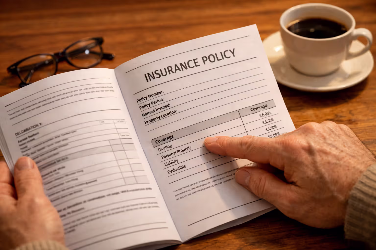 Homeowner reviewing insurance declarations page document, pointing at deductible section, with reading glasses and coffee cup on table