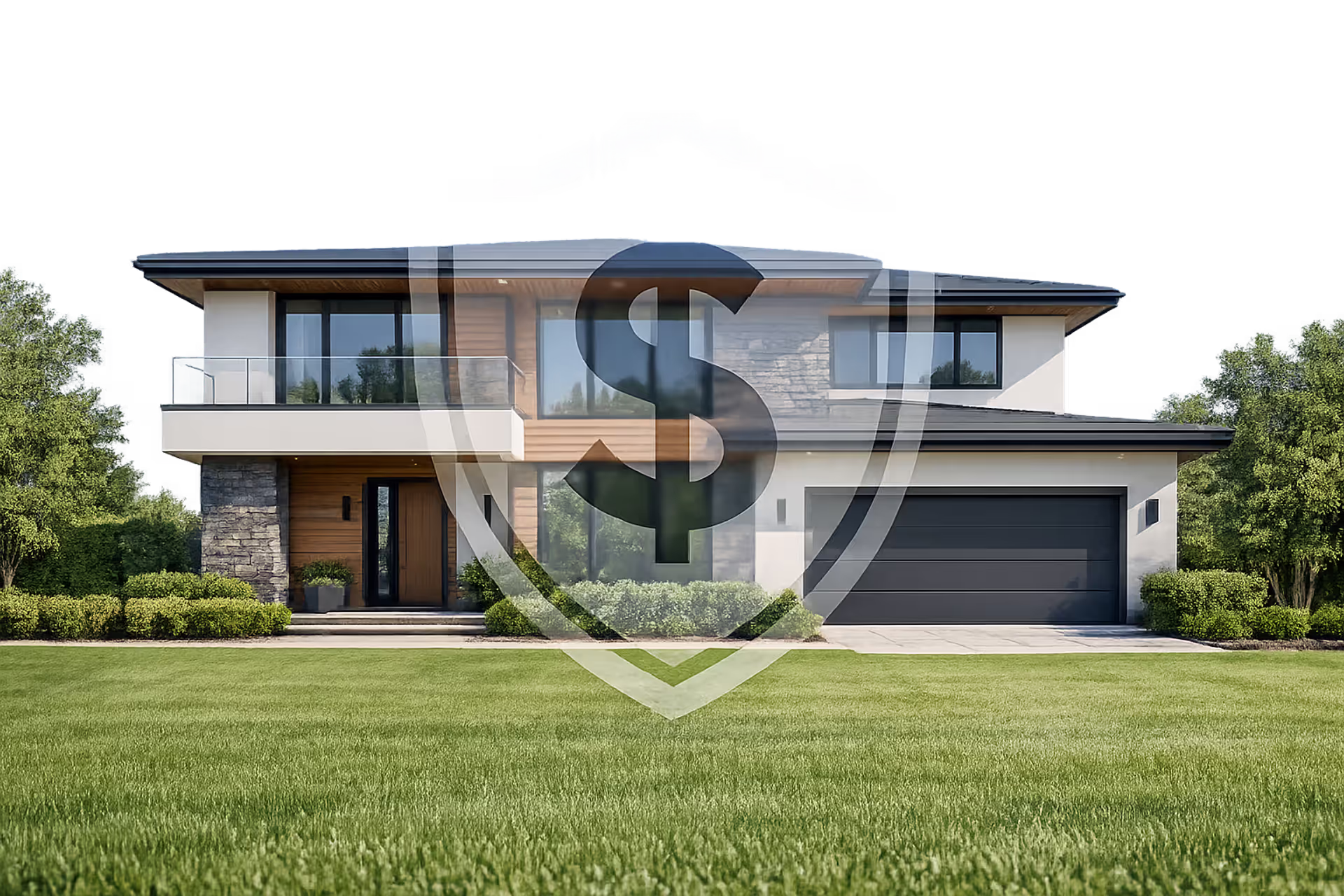 Suburban two-story house with a protective shield and dollar sign icon symbolizing homeowners insurance deductible concept