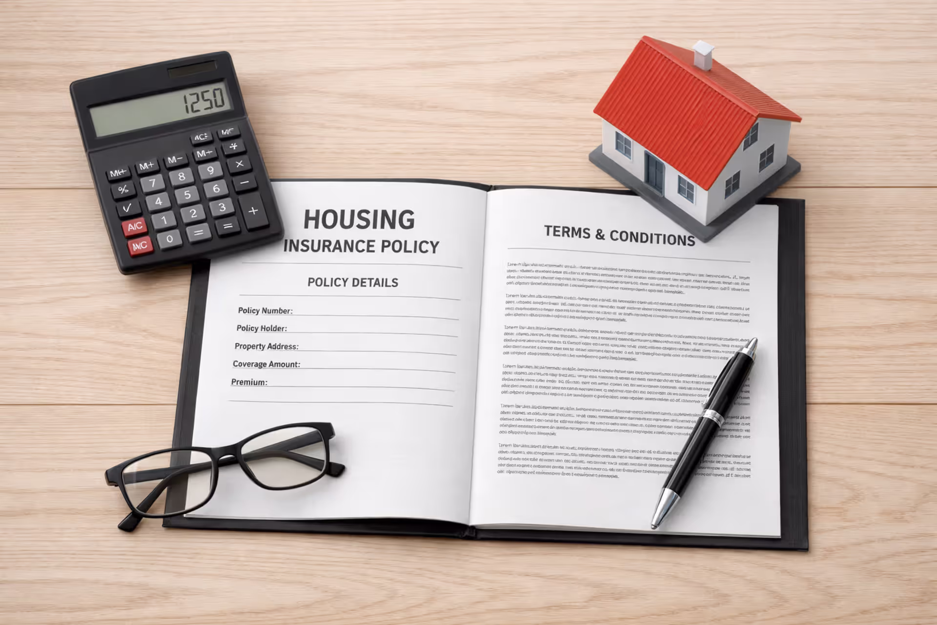 Home insurance policy documents with calculator, model house, pen and glasses on a wooden desk