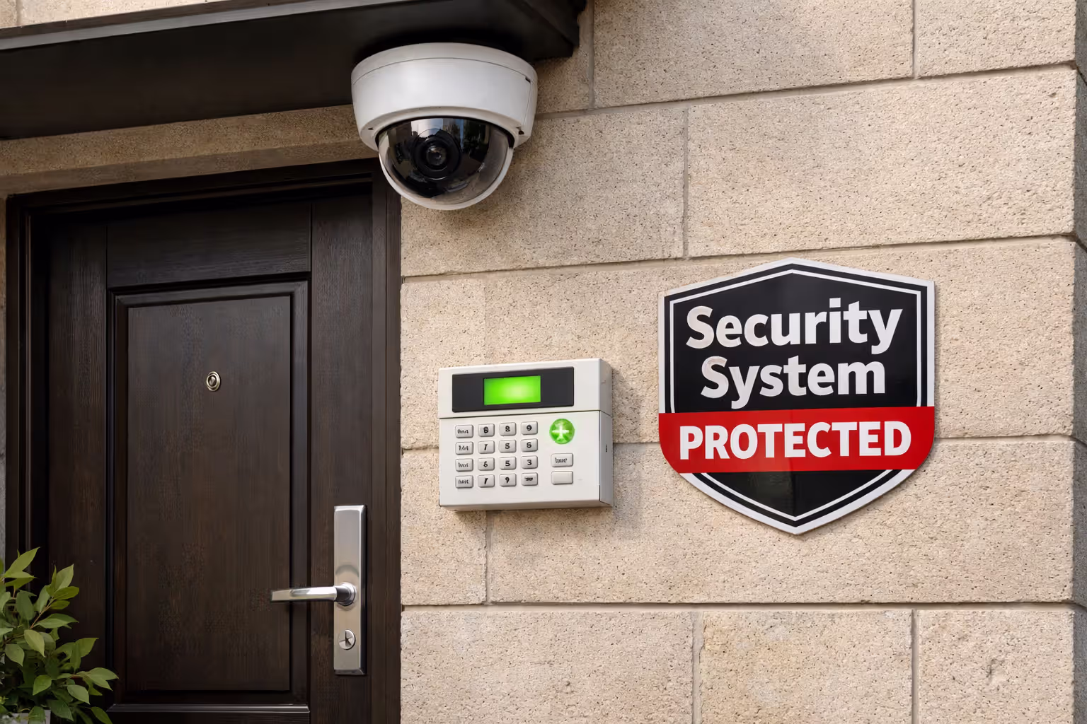Home security camera and alarm system panel installed at the front entrance of a residential house