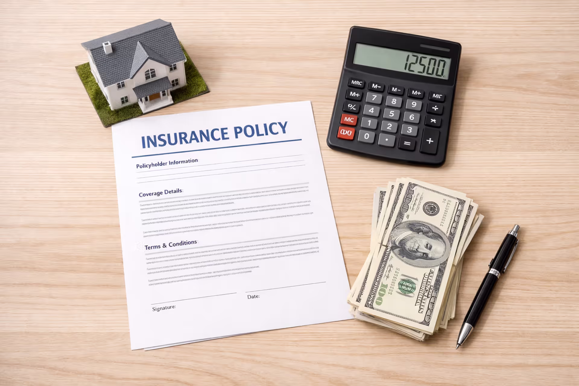 Homeowners insurance policy document with calculator, miniature house model, and dollar bills on a wooden desk