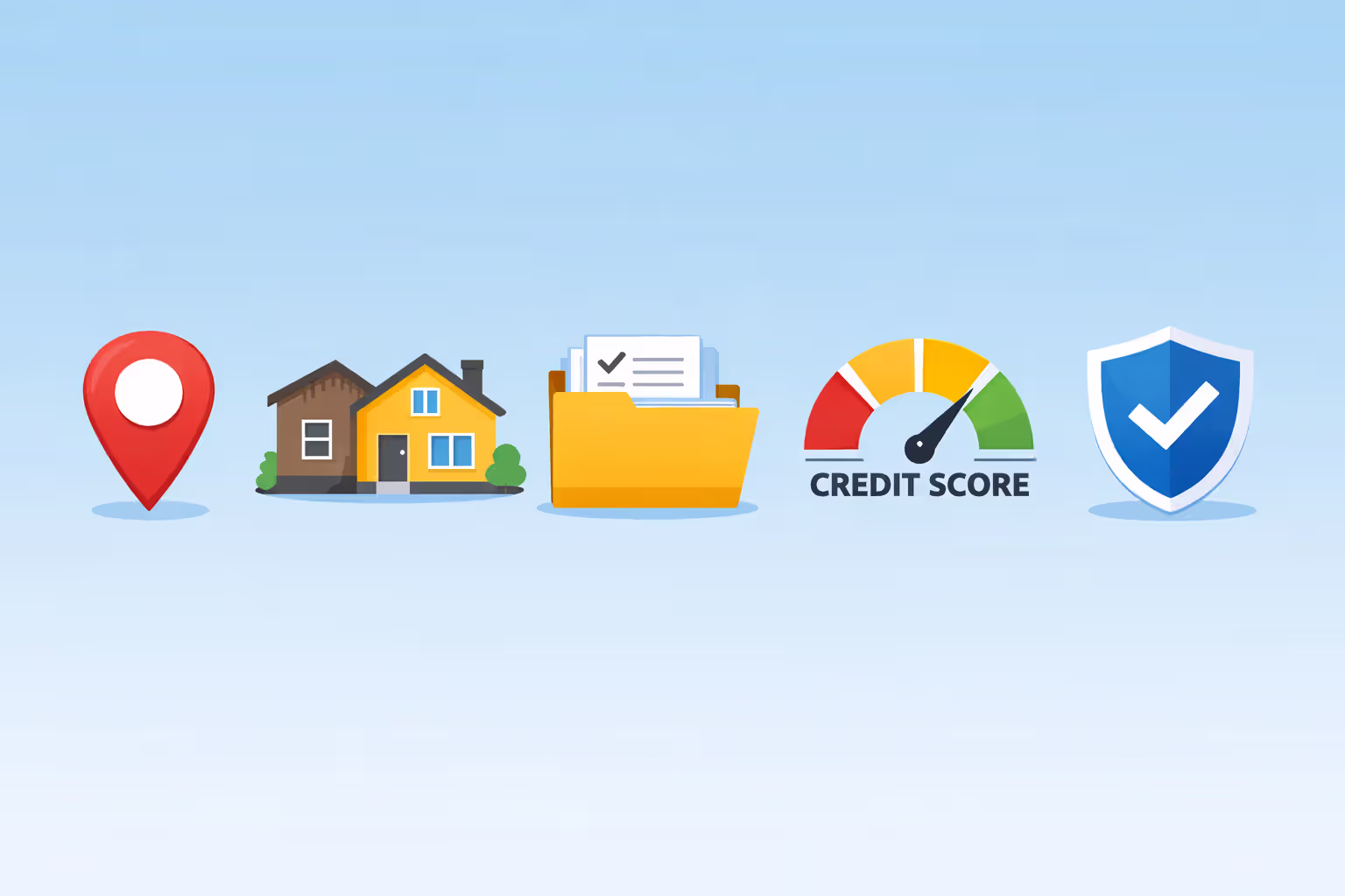 Five key risk assessment factors for homeowners insurance: location, home age, claims history, credit score, and coverage limits shown as flat icons