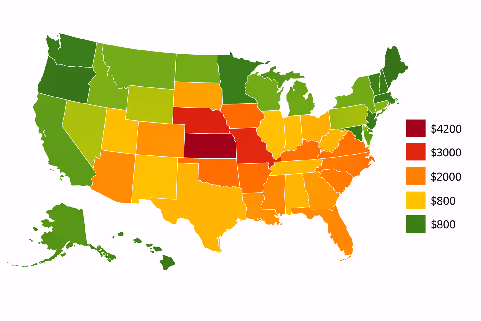 Color-coded map of the United States showing average home insurance premiums by state from lowest in green to highest in red