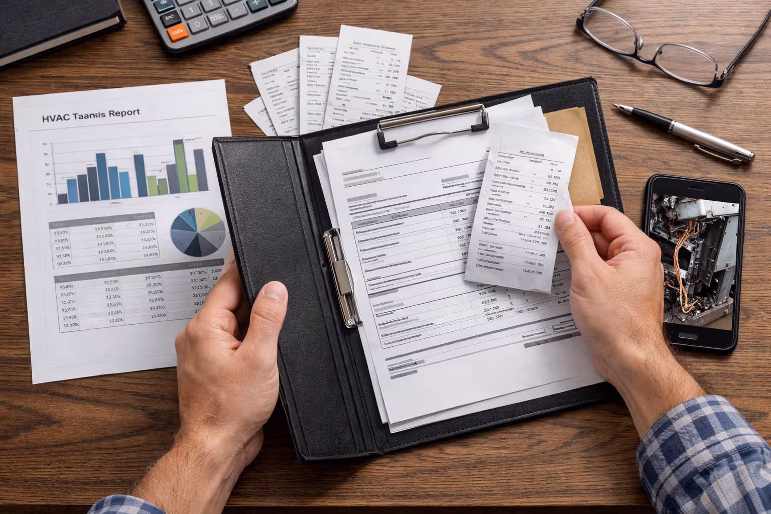 Homeowner organizing HVAC maintenance records, receipts, and a technician report on a desk with a smartphone showing equipment photos