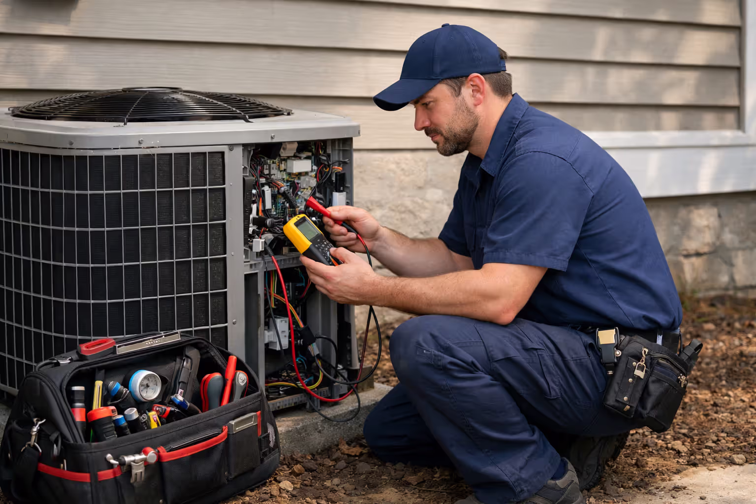Licensed HVAC technician kneeling beside an open outdoor AC unit performing diagnostics with a multimeter