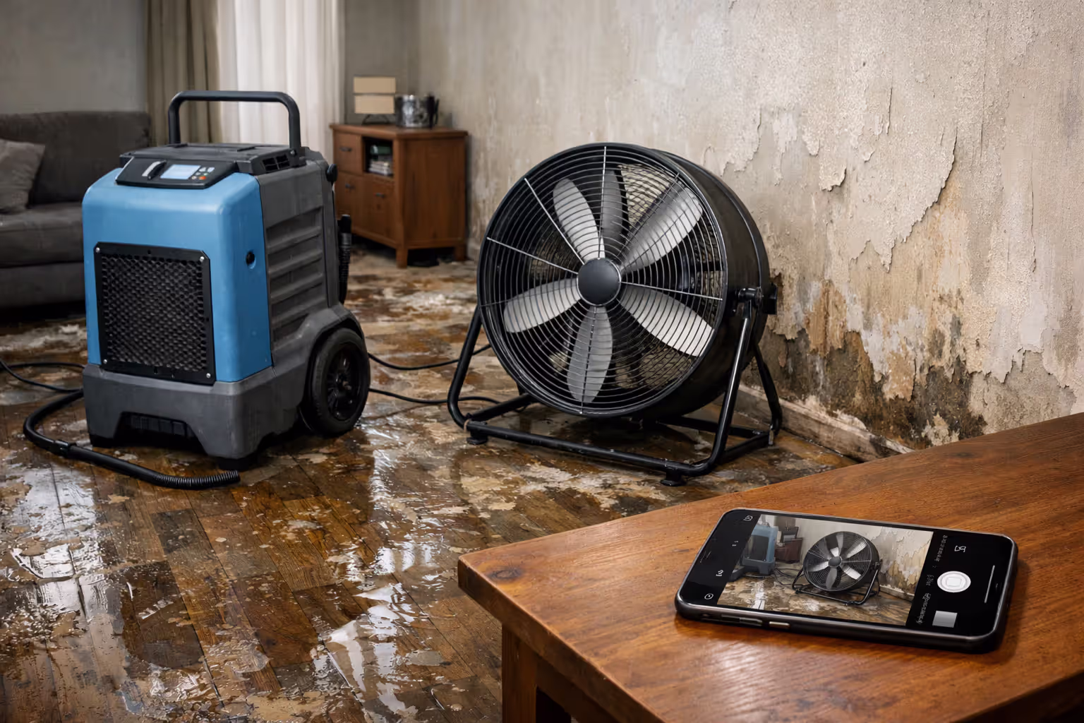 Industrial dehumidifier and fan drying a water-damaged room with a smartphone camera documenting the scene
