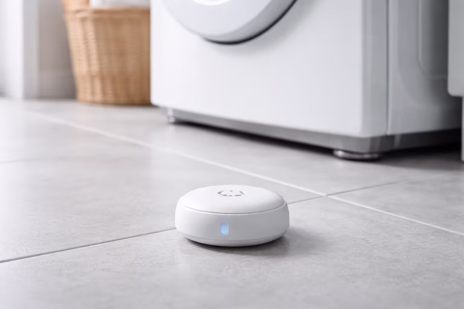 Small white electronic water leak sensor placed on the floor next to a washing machine base in a clean laundry room