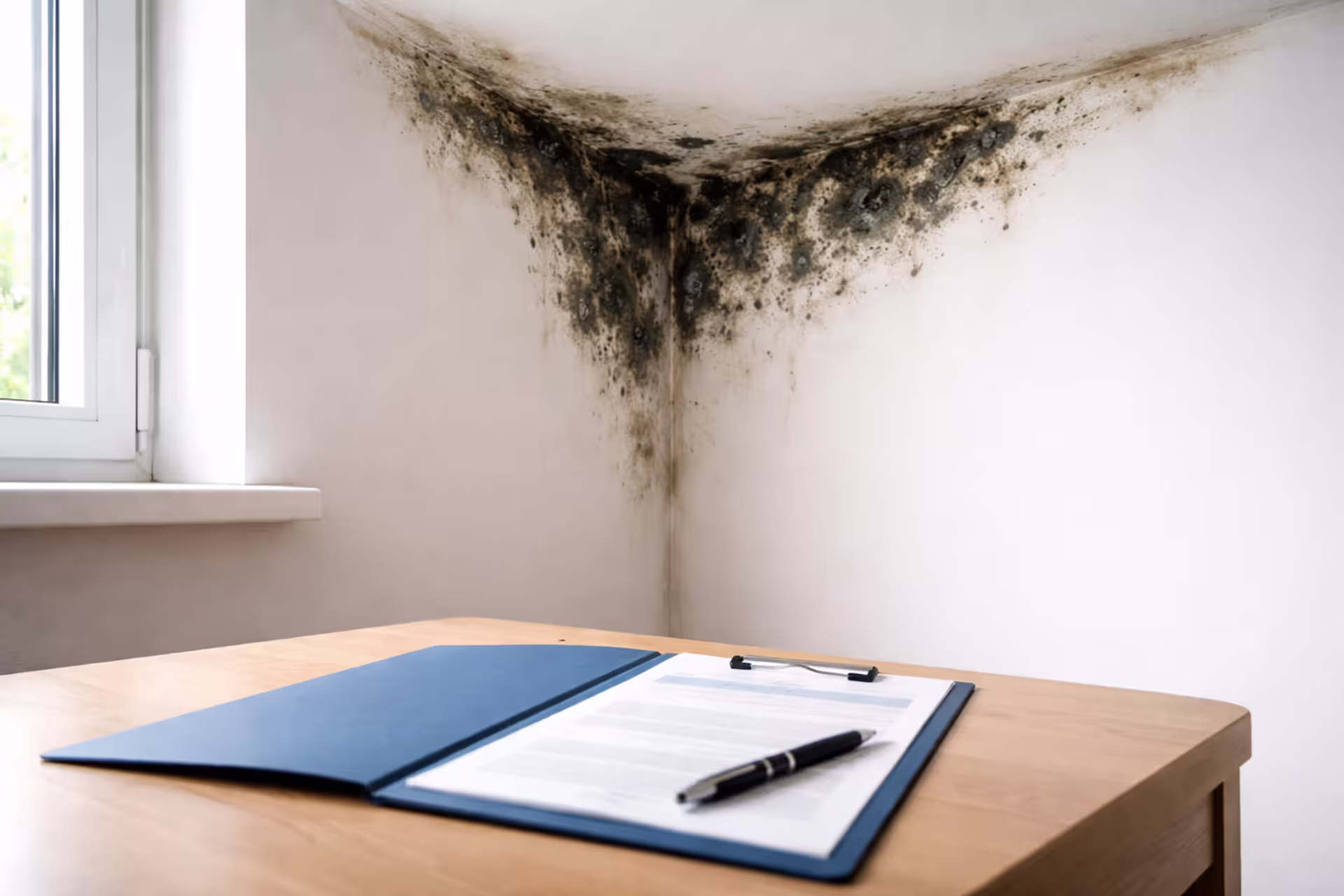 Dark mold growth on white wall corner in a residential room with an open insurance policy document on a table in the foreground