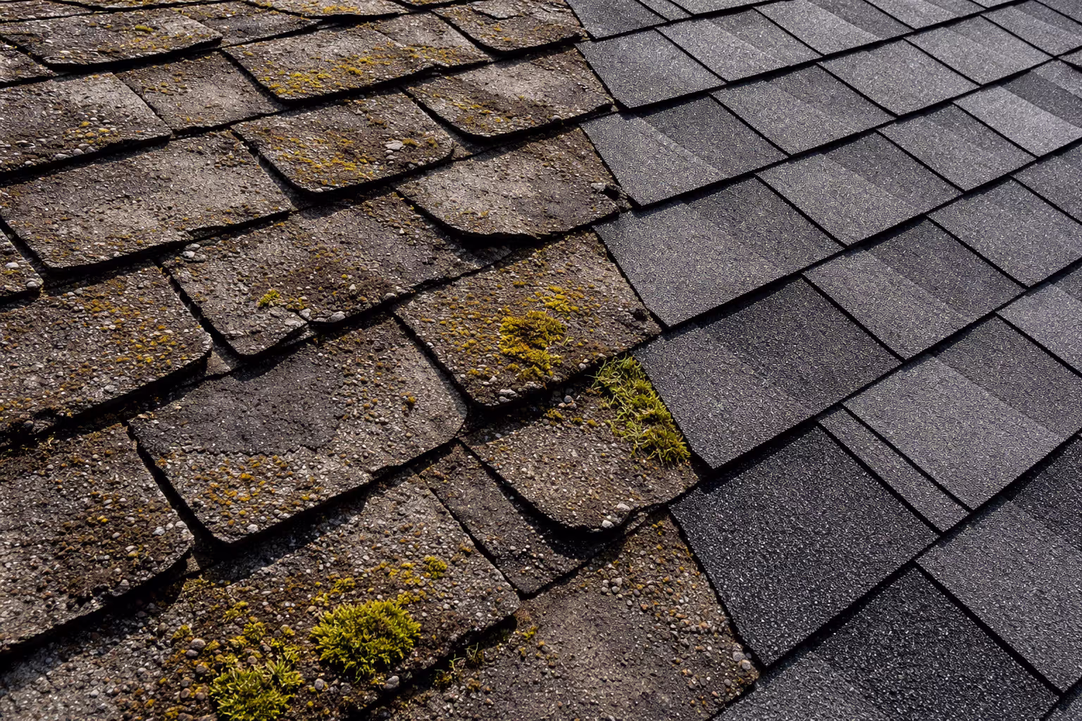 Close-up comparison of aged deteriorating asphalt shingles with curling and moss versus new undamaged shingles on a residential roof