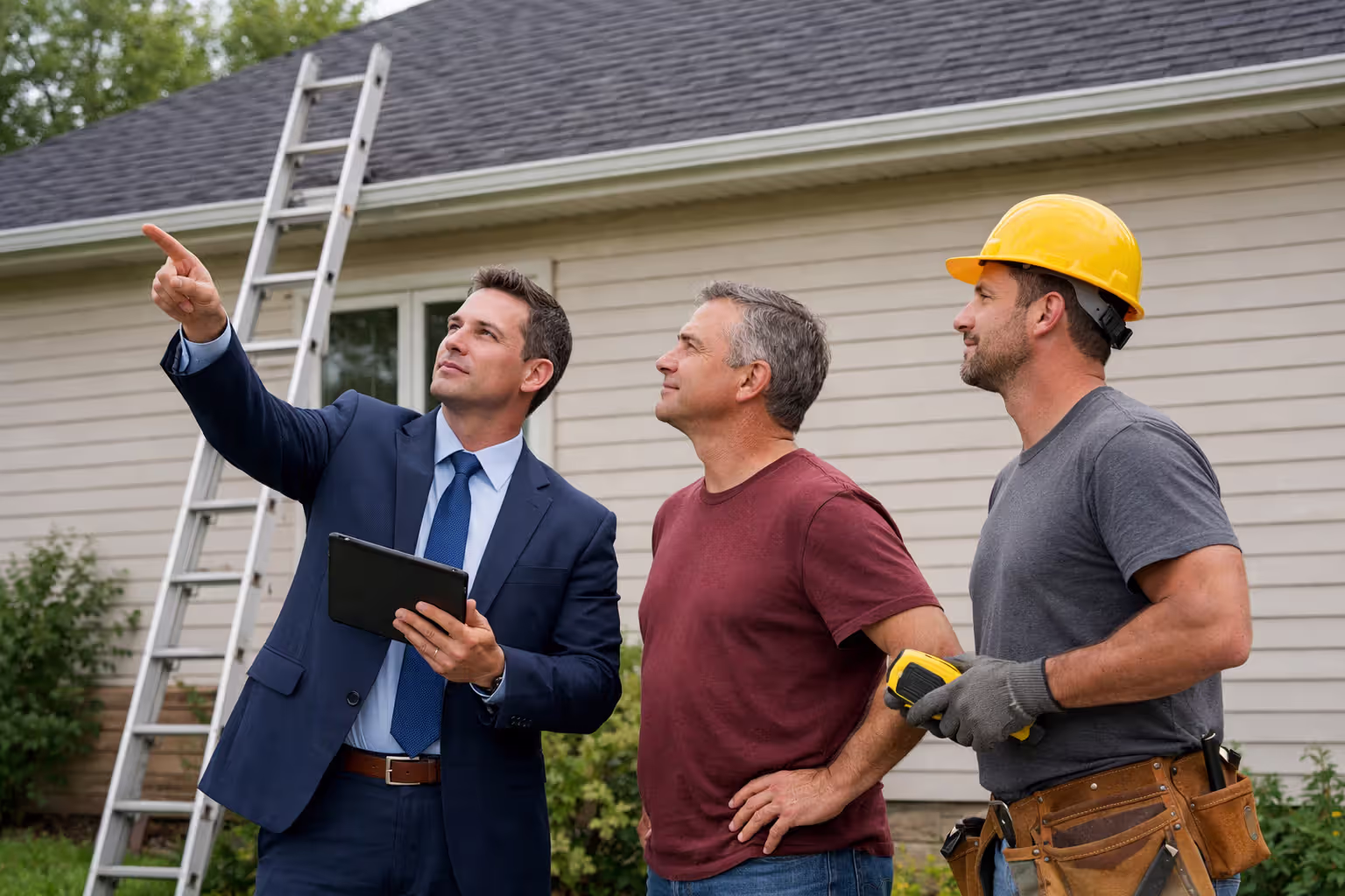 Homeowner meeting with insurance adjuster and roofing contractor in front of house with ladder leaning against wall during roof damage inspection