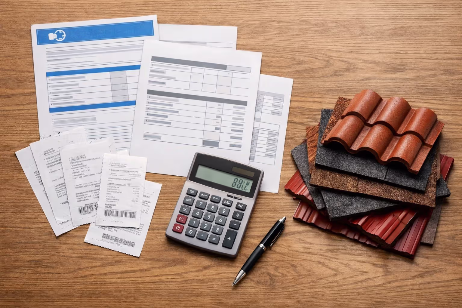 Top-down view of insurance policy documents, contractor invoices, calculator, and roofing material samples spread on a table