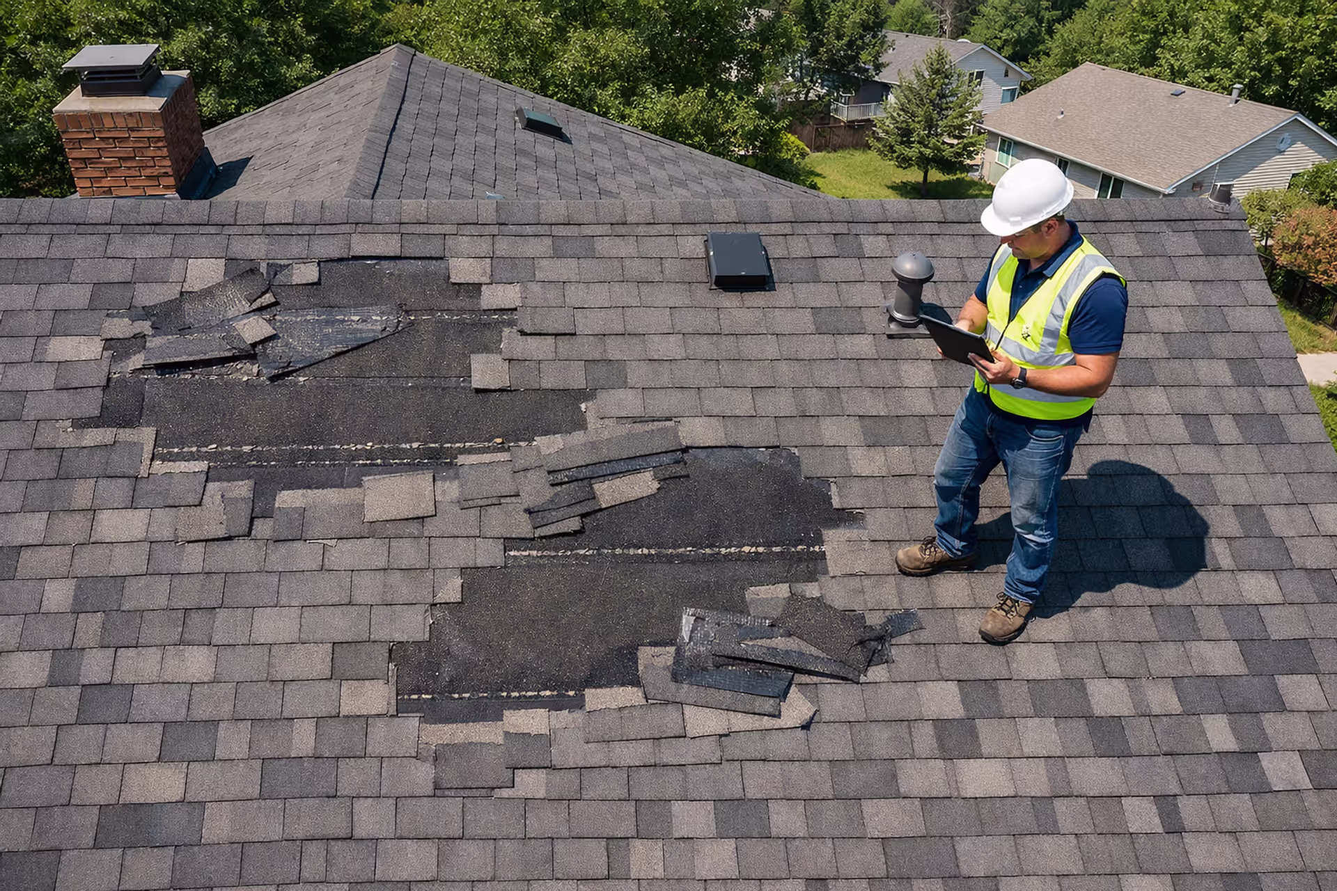 Insurance adjuster in hard hat inspecting wind-damaged asphalt shingle roof of a suburban home with missing shingles