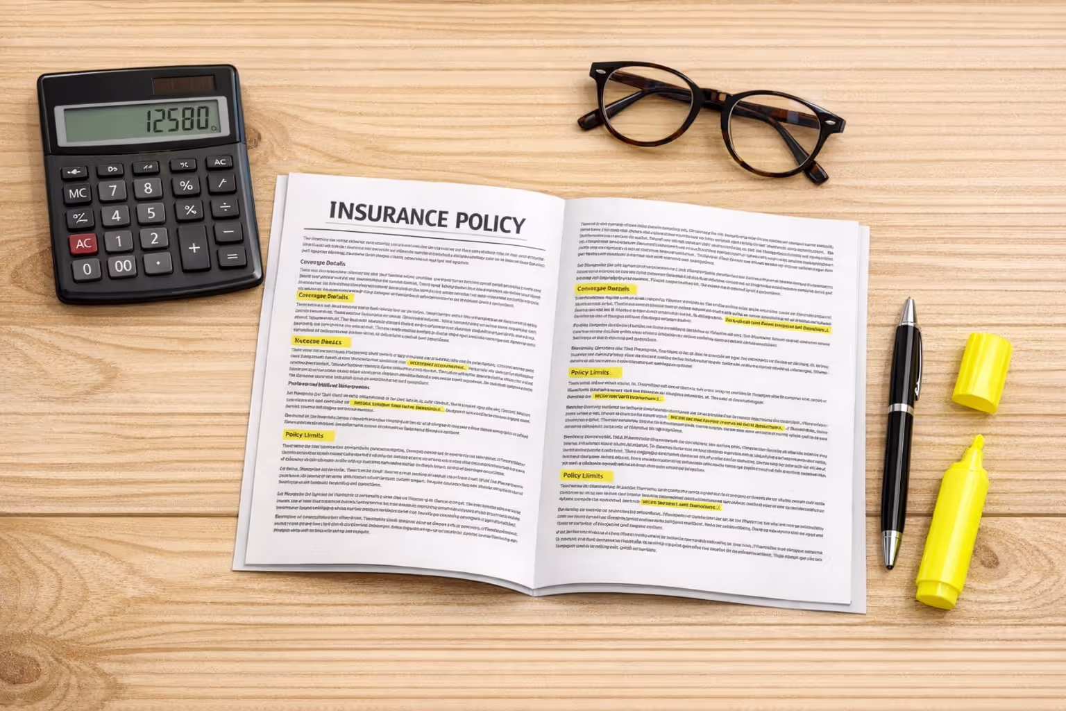 Insurance policy document on desk with calculator, pen, highlighter, and reading glasses with highlighted text sections