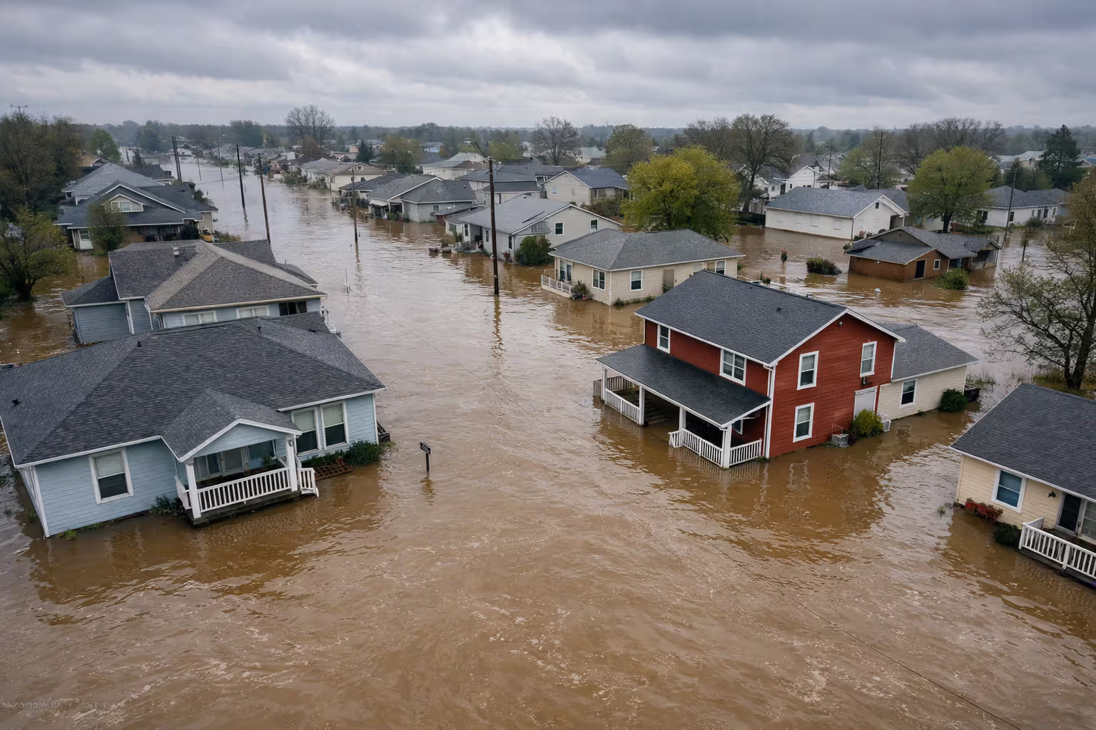 Residential neighborhood flooded with brown water reaching front porches of houses under overcast sky