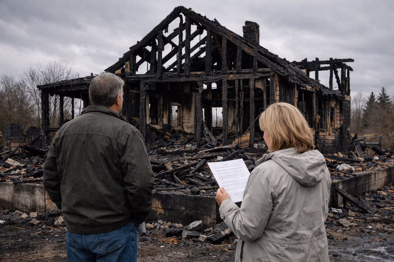 Couple standing in front of burned house ruins holding insurance document under overcast sky