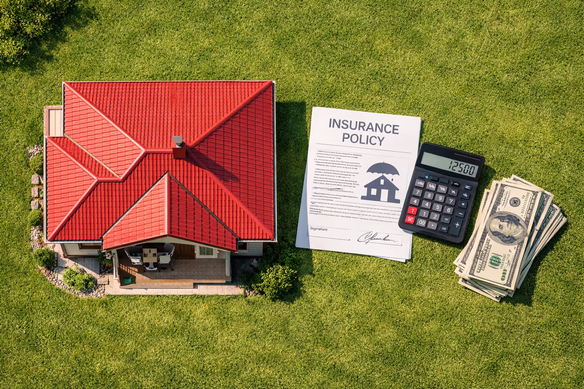 Suburban house with red roof next to open insurance policy document calculator and stack of dollar bills on green lawn aerial view