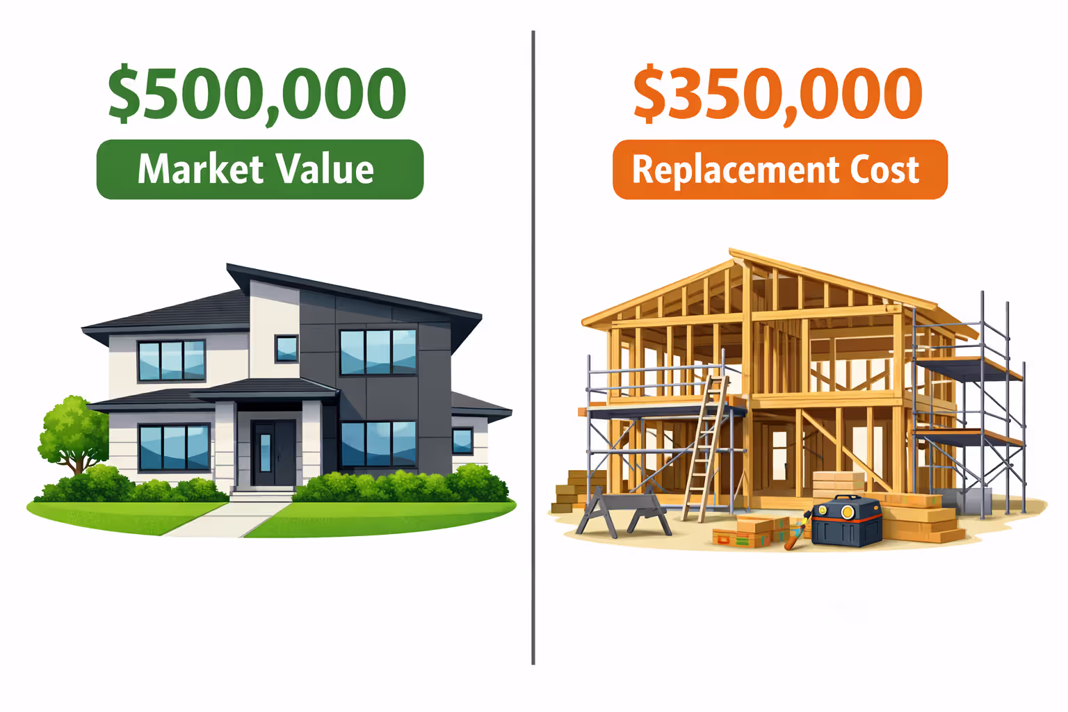 Split comparison image showing finished house with market value versus house under construction with lower replacement cost