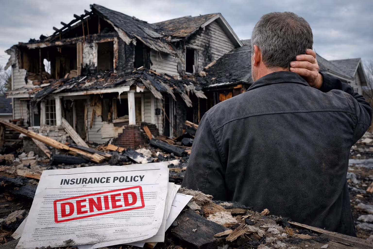 Homeowner standing in front of storm-damaged house looking at denied insurance claim document