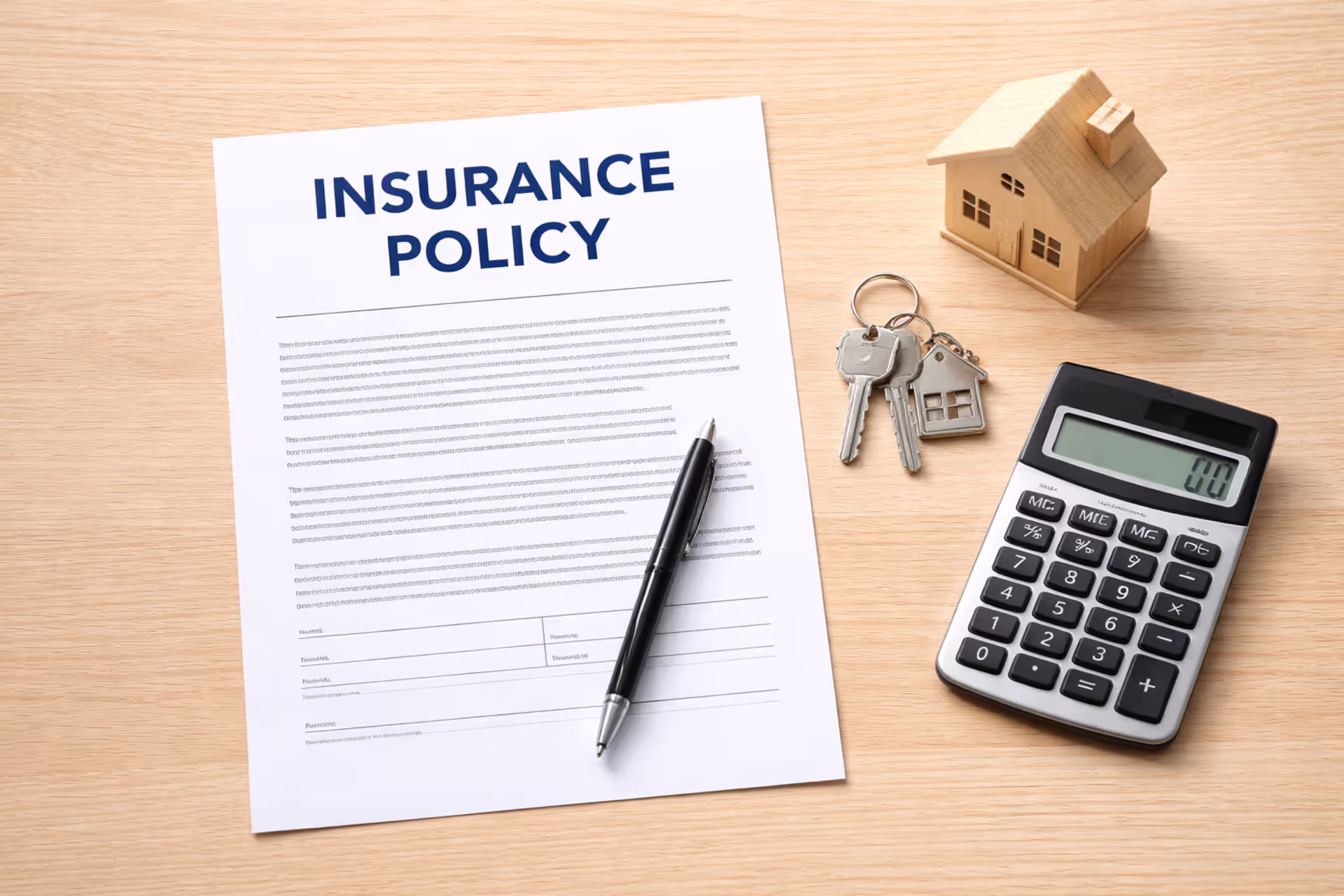 Homeowners insurance policy document on wooden desk with calculator, house keys, and small wooden house model